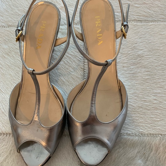 Prada peep toe Mary Jane metallic wedge sandals - Picture 1 of 8